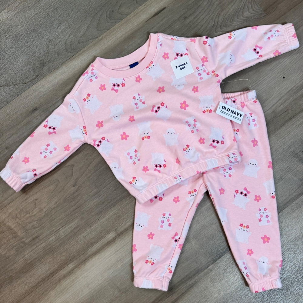 NWT Old Navy Toddler Girls Pink Ghost Flower Sweatshirt and Jogger Set 12-18M